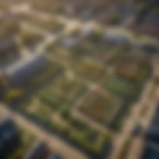 Aerial view of an agrihood showcasing community gardens and urban agriculture