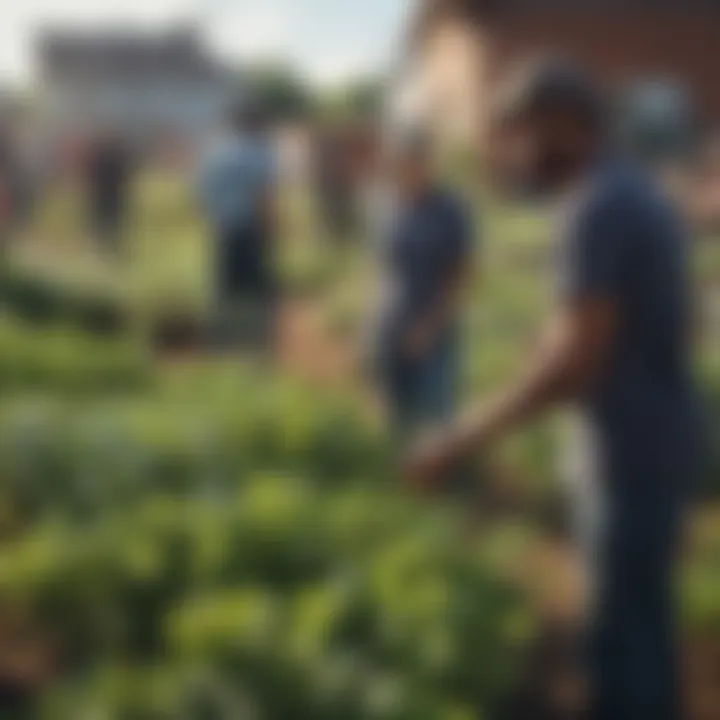 Community members engaging in urban farming activities in a vibrant setting