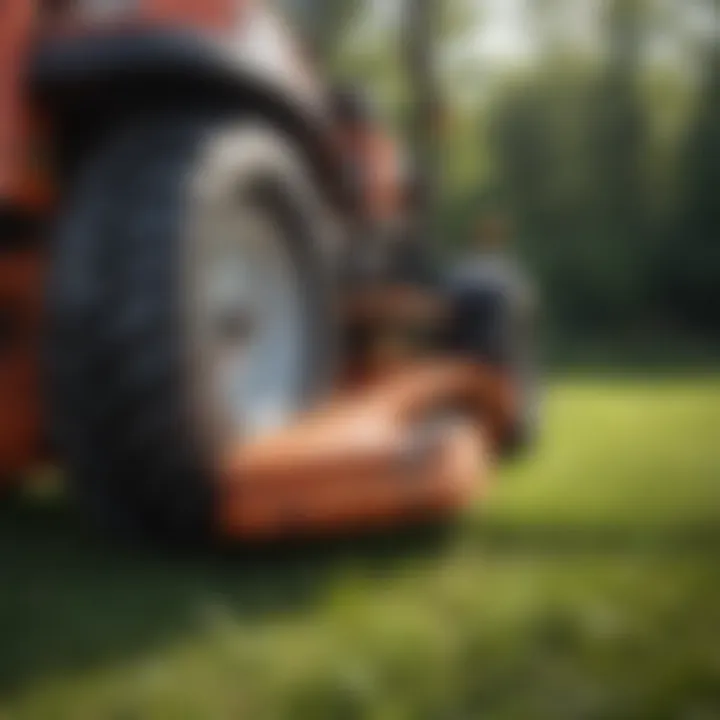 Close-up of a belly mower attachment on a compact tractor