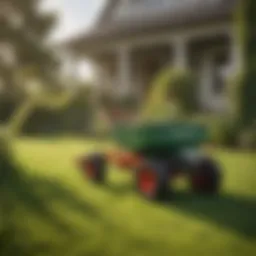 A broadcast lawn spreader in action on a lush green lawn