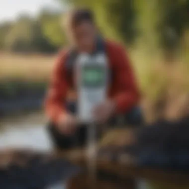 Environmental scientist using a portable pH meter near a water source