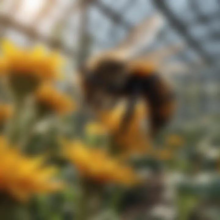 A bumblebee pollinating flowers in a greenhouse, highlighting the importance of pollinators.