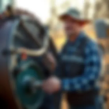Maintenance of Bush Hog Disk A farmer inspecting a bush hog disk, highlighting maintenance practices.