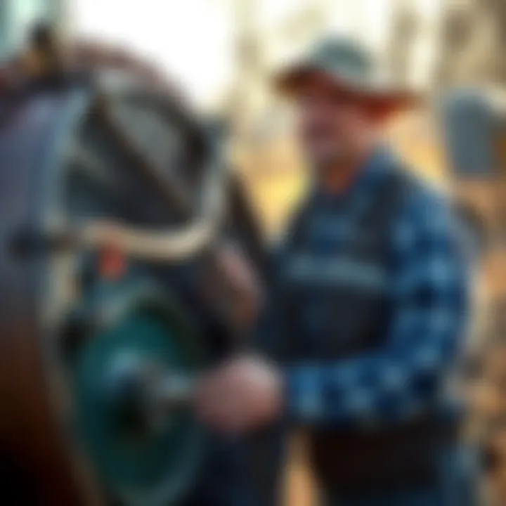 Maintenance of Bush Hog Disk A farmer inspecting a bush hog disk, highlighting maintenance practices.