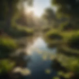 A serene pond with a variety of aquatic plants, illustrating natural water ecosystems.