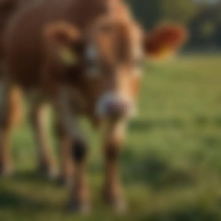 A healthy calf in a pasture, reflecting the impact of proper nutrition.