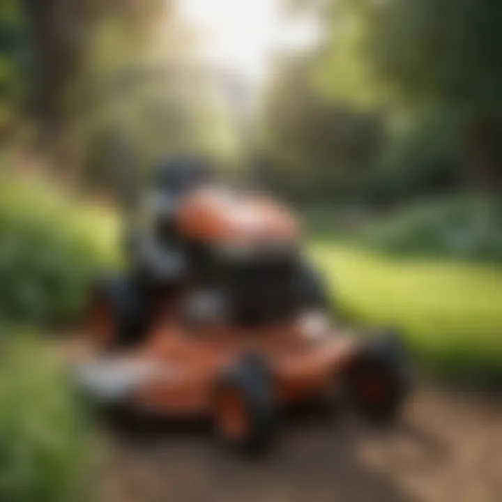 A budget-friendly walk-behind mower in a garden setting