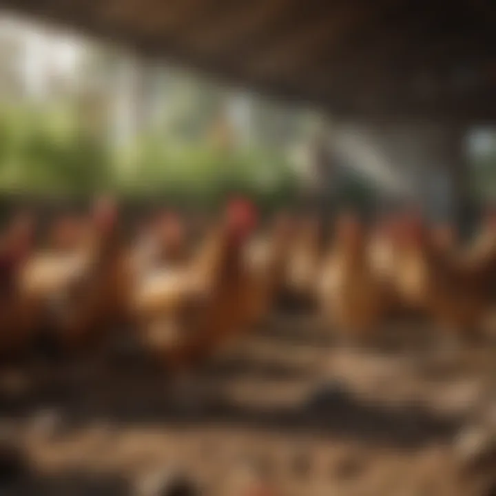 Chickens foraging in a vibrant permaculture setting