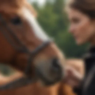 Horse owner fitting a muzzle on a horse