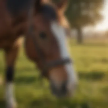 Grazing muzzle on a horse in a pasture