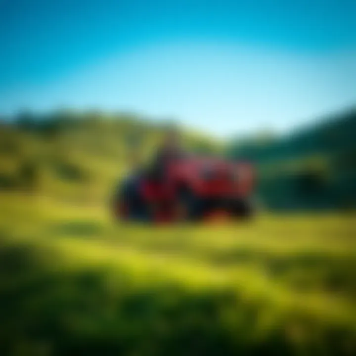 A lawn tractor maneuvering through a lush, hilly landscape