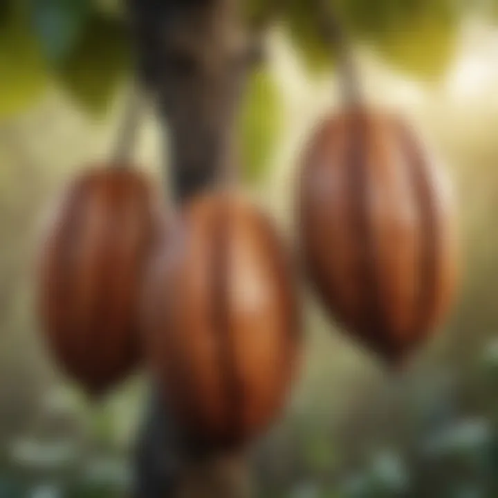 Close-up of cocoa pods hanging on the tree, indicating maturity.