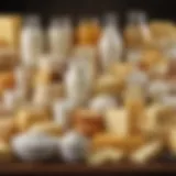 An assortment of dairy products including cheese, yogurt, and milk displayed elegantly.