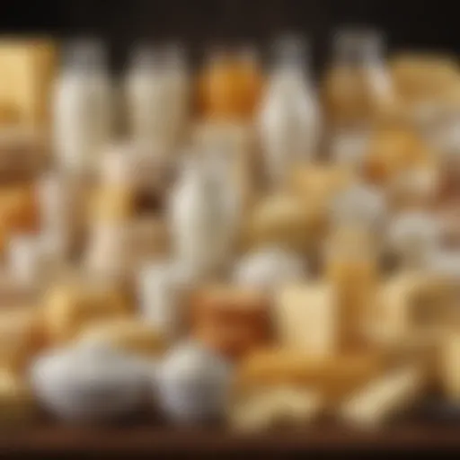 An assortment of dairy products including cheese, yogurt, and milk displayed elegantly.