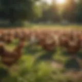 A flock of organic chickens foraging in a lush green field