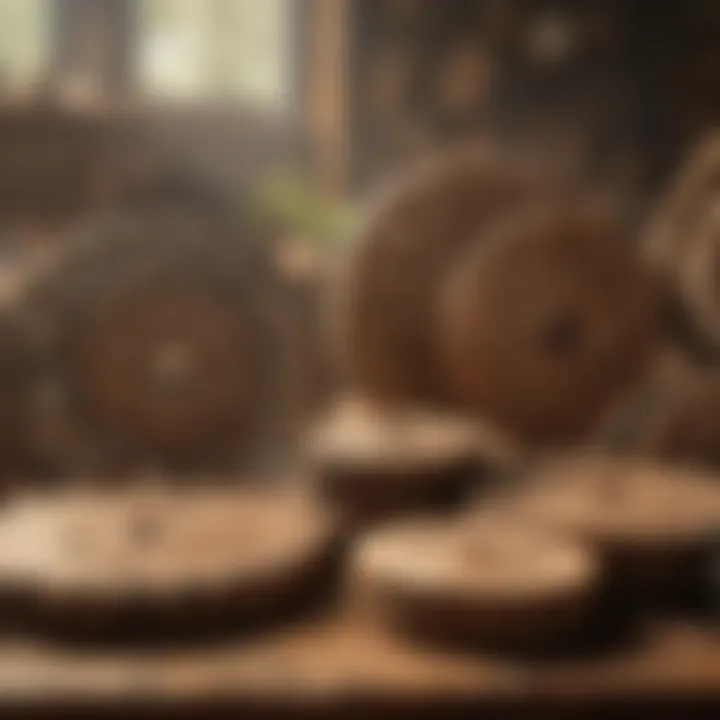 A variety of cordwood saw blades displayed on a wooden table