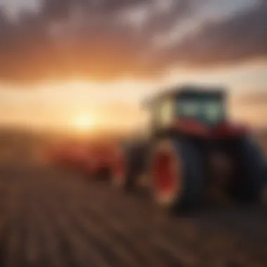 Tractor working on a field at sunset