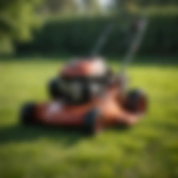 An array of lawn mowing tools laid out on a grassy background