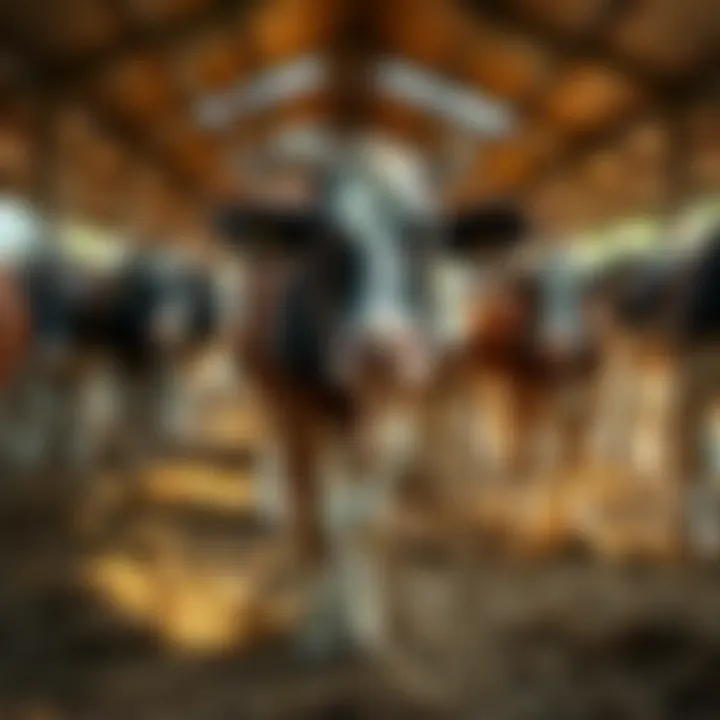 Healthy Cattle in Feeding Barn Healthy cattle grazing in a well-designed feeding barn environment