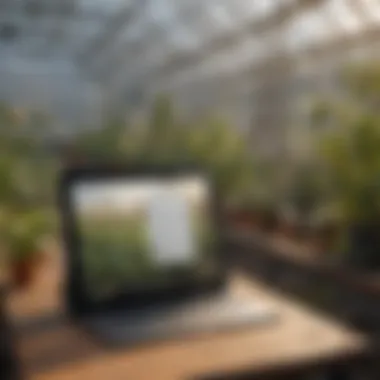 A digital tablet displaying a writing policy document in a greenhouse