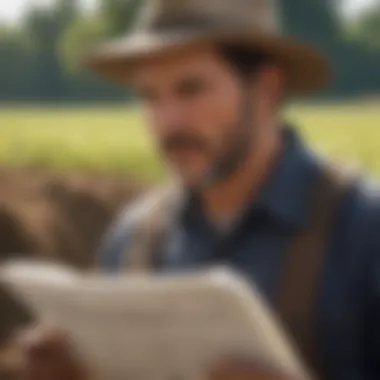 A farmer reviewing written guidelines in a field