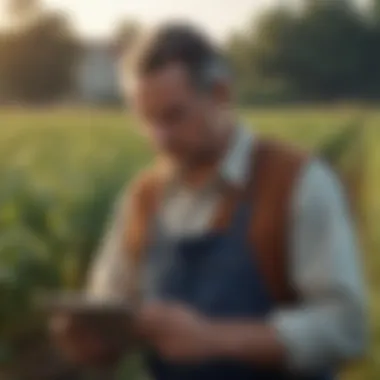 A farmer analyzing data on a tablet in a field