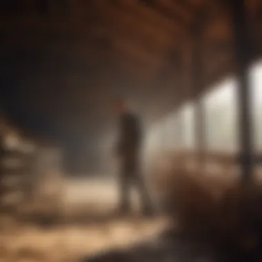 A farmer inspecting a barn for mud dauber activity