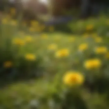 A close-up view of dandelions in a well-manicured lawn showcasing their vibrant yellow blooms.