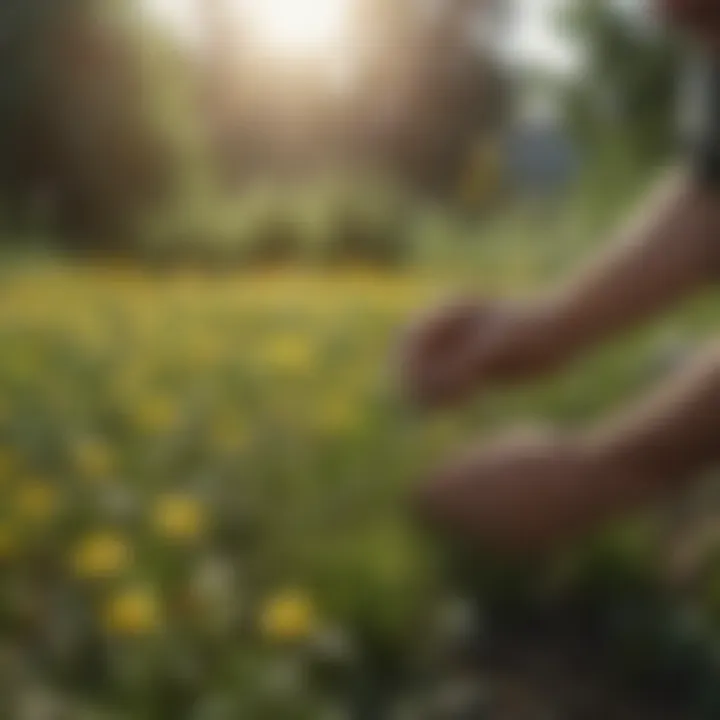 A hand applying organic herbicide on dandelions while ensuring the surrounding plants remain unaffected.