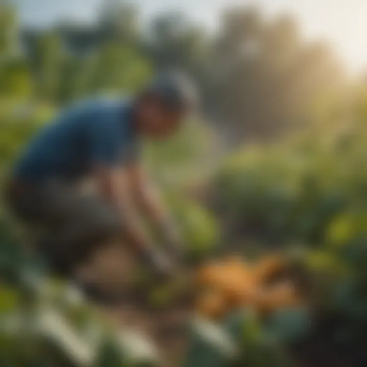 A gardener applying organic solutions to squash plants