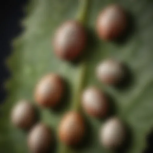 Close-up of stink bug eggs on a leaf