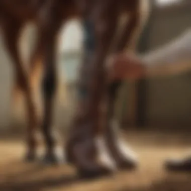 A veterinarian applying a medicine boot to a horse's leg.