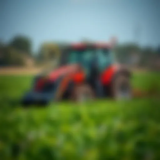 Modern tractor in a lush field
