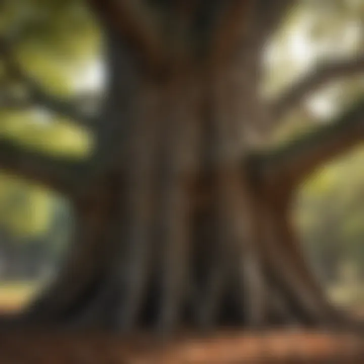 An aged oak tree demonstrating significant trunk diameter and height