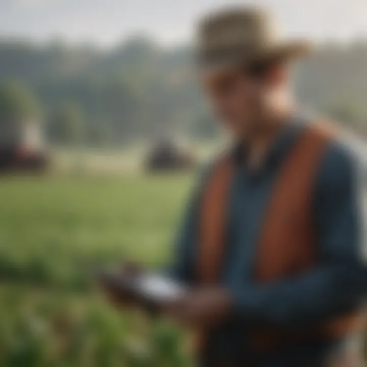 A farmer analyzing data on a tablet in the field