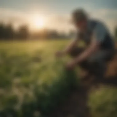 A farmer assessing the growth of alsike clover on their farm, emphasizing agricultural practices.