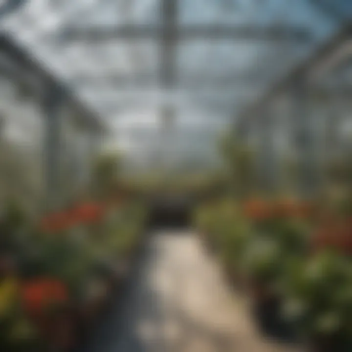 Interior view of a greenhouse with flourishing plants