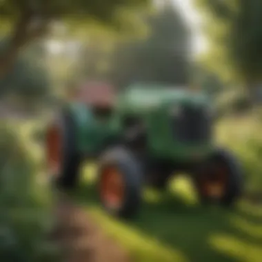 A well-maintained garden tractor parked in a verdant landscape