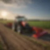 A variety of Country Line tractor attachments arranged in a field setting