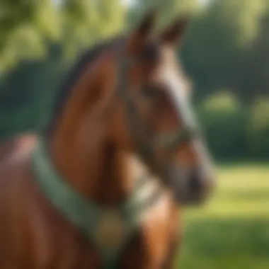 A horse wearing a fashionable halter in a lush green pasture.