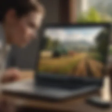 A person analyzing data on a laptop with agricultural graphics