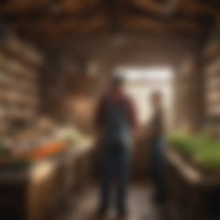 Farmers discussing fertilizer options in a country store setting