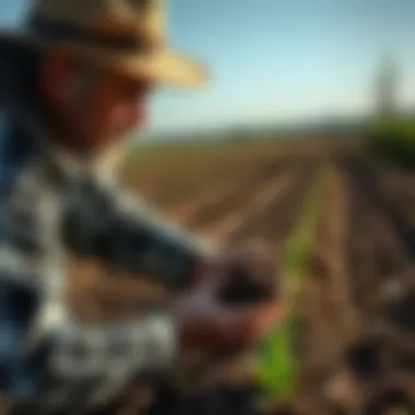 A farmer examining soil and crops, embodying sustainable practices