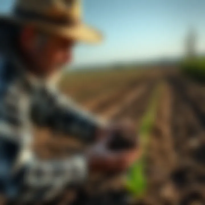 A farmer examining soil and crops, embodying sustainable practices