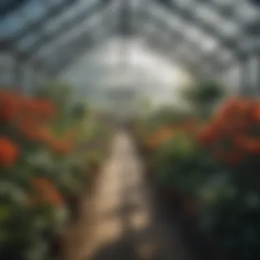 Diverse Plant Life in a Greenhouse A thriving greenhouse garden with diverse plants, illustrating the benefits of extended growing seasons.