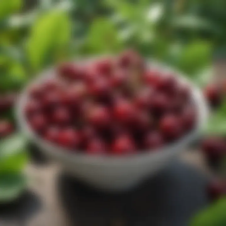 A bowl of cherries surrounded by green leaves