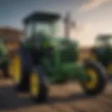 Showcase of John Deere tractors in a dealership