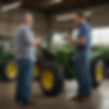 Customer interacting with a dealership representative, discussing agricultural equipment options.