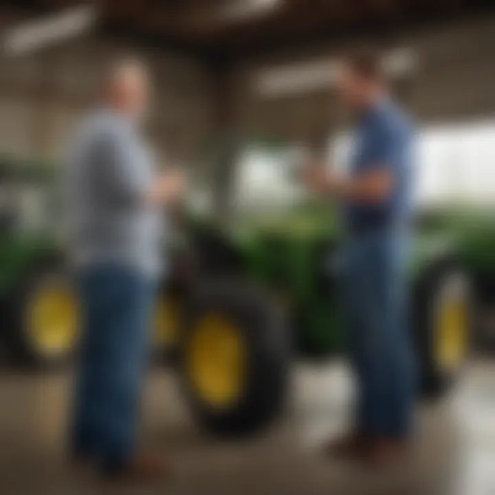 Customer interacting with a dealership representative, discussing agricultural equipment options.