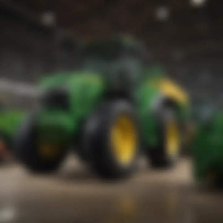 Inside a John Deere dealership highlighting various agricultural machinery and equipment.